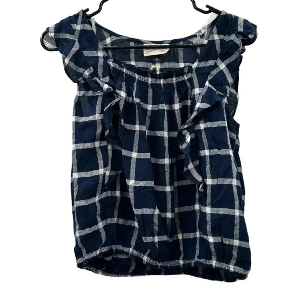 Universal Thread Navy Blue & White Plaid Ruffled‎ Sleeveless Top Size S